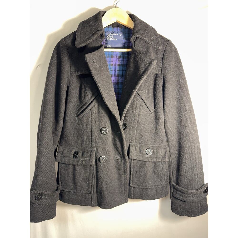 Wool Blend Pea Coat‎ Jacket Plaid Lined Black Women’s Medium American Eagle